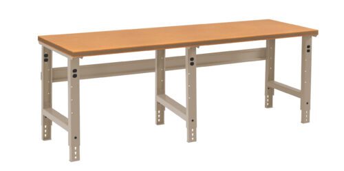 A long workbench with a light brown wooden top and adjustable metallic gray legs. The simple, sturdy design is suitable for workshops or garages.