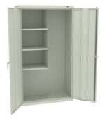 A tall, light gray metal storage cabinet with both doors open. Inside, there are three shelves on the left and a larger compartment on the right, providing ample space for various items. The cabinet has simple handles on each door.