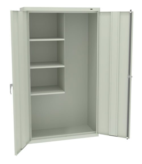 A tall, light gray metal storage cabinet with both doors open. Inside, there are three shelves on the left and a larger compartment on the right, providing ample space for various items. The cabinet has simple handles on each door.