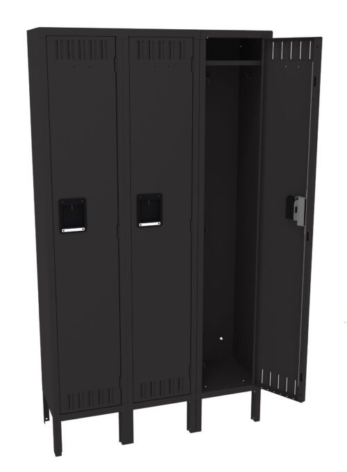 A black metal locker with three compartments. The left and middle compartments are closed, while the right one is open, revealing empty shelves inside. The locker has vents at the top and bottom of each door, and stands on four legs.