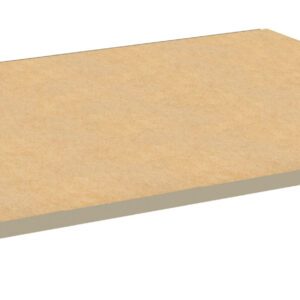 A rectangular wooden shelf panel, supported by metal brackets at each corner. It is beige in color and appears to be part of a shelving unit. The surface is smooth and flat.