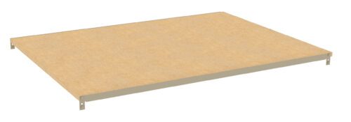 A rectangular wooden shelf panel, supported by metal brackets at each corner. It is beige in color and appears to be part of a shelving unit. The surface is smooth and flat.