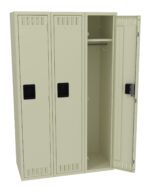A set of three beige metal lockers, with the one on the right open. The open locker reveals a hanging rod inside. Each locker has a ventilation grille at the top and bottom and a black handle.