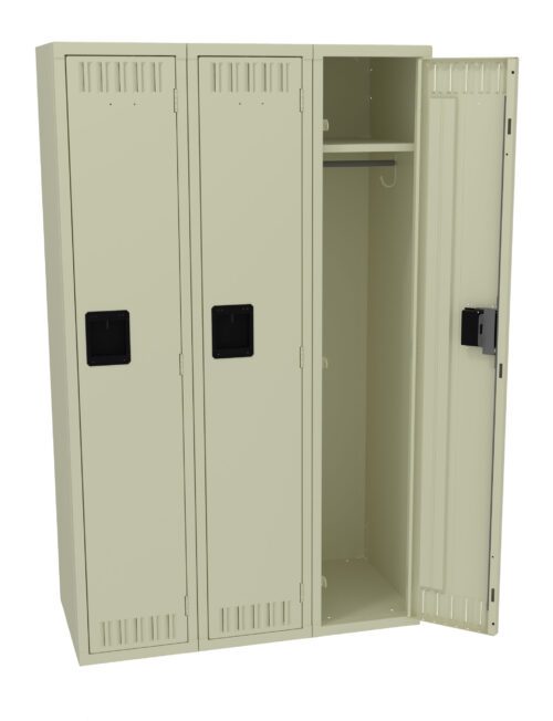 iuo8ujovzdv3nqbbss12.jpg A set of three beige metal lockers, with the one on the right open. The open locker reveals a hanging rod inside. Each locker has a ventilation grille at the top and bottom and a black handle.