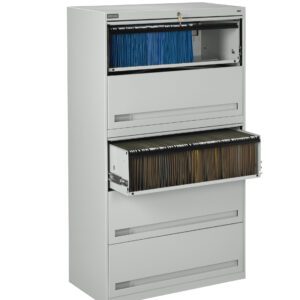 A tall, white filing cabinet with five drawers, two of which are open. The top open drawer contains blue folders, and the second open drawer contains brown folders. The remaining drawers are closed.