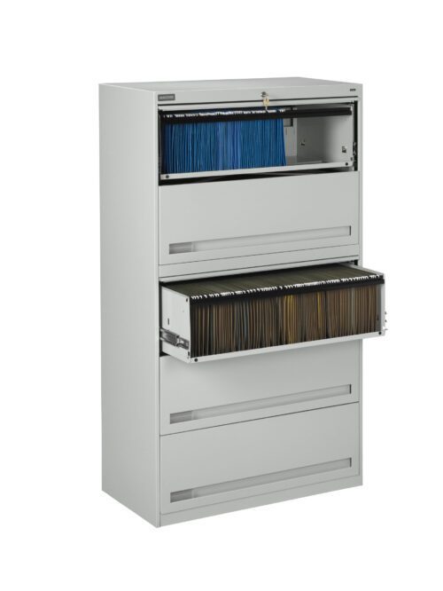 A tall, white filing cabinet with five drawers, two of which are open. The top open drawer contains blue folders, and the second open drawer contains brown folders. The remaining drawers are closed.