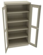 A beige metal storage cabinet with glass-paneled double doors, open to reveal four empty shelves.