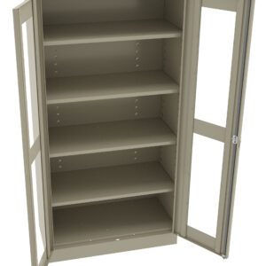 A beige metal storage cabinet with glass-paneled double doors, open to reveal four empty shelves.