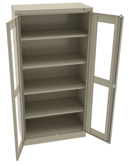 A beige metal storage cabinet with glass-paneled double doors, open to reveal four empty shelves.