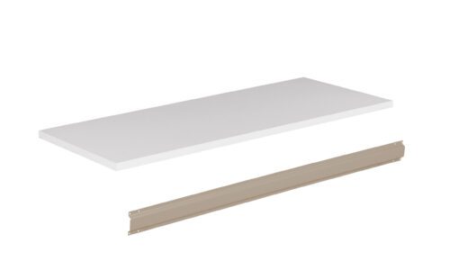 iuytzdul17u0p6k1a7gq.jpg A white rectangular shelf and a beige metal bracket are shown. The shelf is positioned above the bracket. Both are isolated on a white background, suggesting components for assembly.