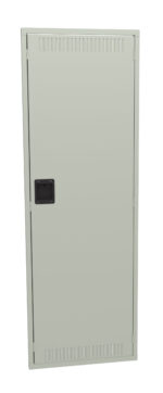 A tall, rectangular gray metal cabinet with a black handle in the center. The cabinet features ventilation slits along the top and bottom edges. The surface appears smooth and the door is closed.