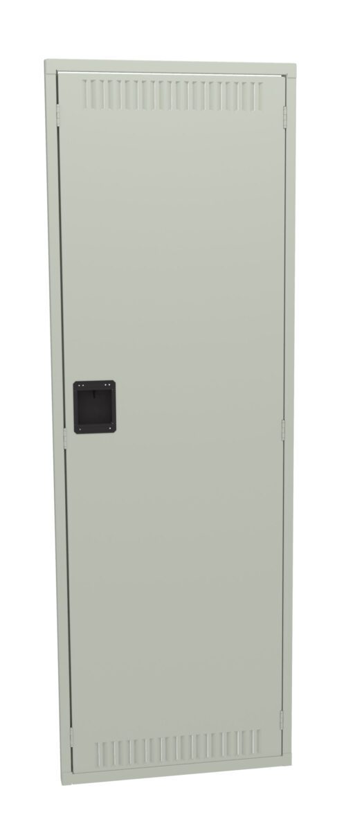 A tall, rectangular gray metal cabinet with a black handle in the center. The cabinet features ventilation slits along the top and bottom edges. The surface appears smooth and the door is closed.