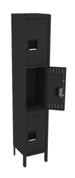A tall, black metal storage locker with two compartments. The middle compartments door is open, revealing an empty interior. Each door has a rectangular handle. The locker stands on four short legs.