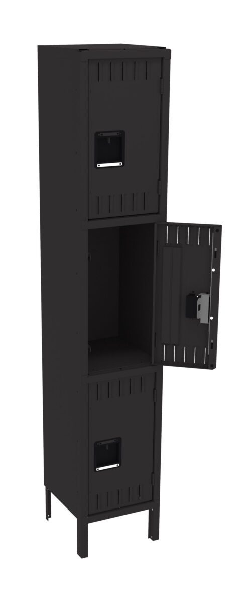 ivfhgtge6a5suqaues02.jpg A tall, black metal storage locker with two compartments. The middle compartments door is open, revealing an empty interior. Each door has a rectangular handle. The locker stands on four short legs.