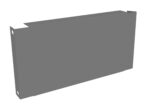 A 3D rendering of a gray, rectangular metallic panel with two holes on one side. The surface appears smooth, and the panel has a small extended section on the top edge.