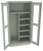 A metallic storage cabinet with two open doors. The left side features a tall vertical space with a horizontal hanging rod. The right side has five adjustable shelves. The cabinet is light gray and stands against a white background.