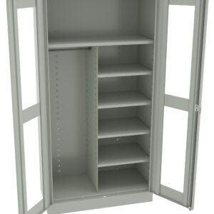 A metallic storage cabinet with two open doors. The left side features a tall vertical space with a horizontal hanging rod. The right side has five adjustable shelves. The cabinet is light gray and stands against a white background.