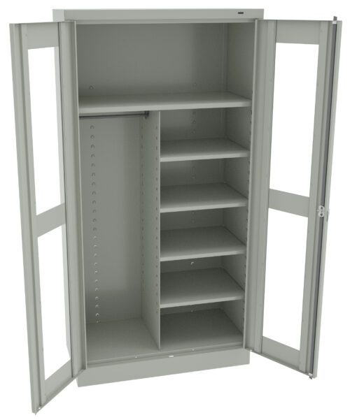 A metallic storage cabinet with two open doors. The left side features a tall vertical space with a horizontal hanging rod. The right side has five adjustable shelves. The cabinet is light gray and stands against a white background.