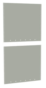 Two blank sheets of retro continuous printer paper with perforated edges are vertically aligned. The top sheet is slightly wider than the bottom one, both having evenly spaced holes on the sides and a muted greenish-gray color.
