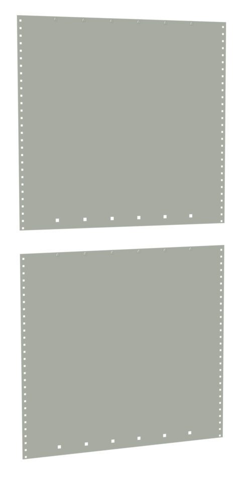 Two blank sheets of retro continuous printer paper with perforated edges are vertically aligned. The top sheet is slightly wider than the bottom one, both having evenly spaced holes on the sides and a muted greenish-gray color.
