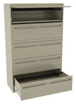 A beige metal filing cabinet with five drawers is shown. The top four drawers are closed, while the bottom drawer is open, revealing an empty interior. The cabinet is designed for office or storage use.