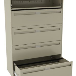 A beige metal filing cabinet with five drawers is shown. The top four drawers are closed, while the bottom drawer is open, revealing an empty interior. The cabinet is designed for office or storage use.