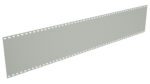 A long, rectangular piece of gray punched tape with evenly spaced holes along both edges, set against a white background.