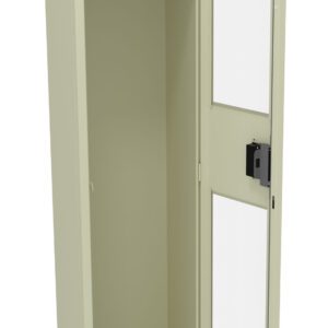 A beige metal locker with an open door revealing an empty interior. The locker has a hook and a shelf at the top. The door features a lock and two rectangular transparent panels.
