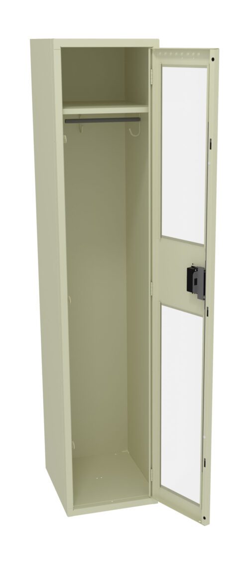 A beige metal locker with an open door revealing an empty interior. The locker has a hook and a shelf at the top. The door features a lock and two rectangular transparent panels.