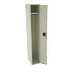 Tall beige metal locker with an open door, revealing an empty interior. It has a shelf at the top, a hanging rod beneath, and a lock mechanism on the door.