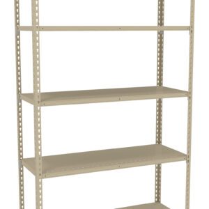 A beige metal storage shelf with five adjustable shelves is shown. The shelving unit is tall and freestanding, suitable for organizing items in a garage, basement, or storage room. The design is simple and utilitarian.