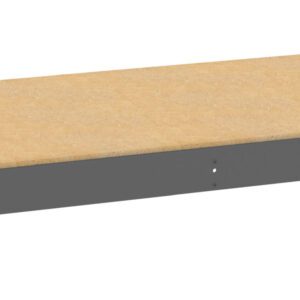 A rectangular piece of beige particle board sits atop a matte gray metal frame. The board is flat, aligned with the edges of the frame, creating a simple platform, possibly for shelving or structural support.
