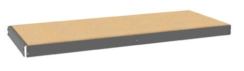 A rectangular piece of beige particle board sits atop a matte gray metal frame. The board is flat, aligned with the edges of the frame, creating a simple platform, possibly for shelving or structural support.