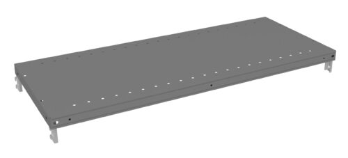 A flat, rectangular metal shelf with small holes along the edges. The shelf is supported by brackets on each side, designed for mounting or attaching to a structure. The metal surface is smooth and gray.