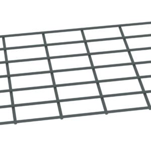 A gray, rectangular metal grid with evenly spaced horizontal and vertical bars, creating square openings. The grid is viewed from a slight angle, showing its three-dimensional form.