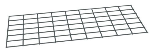 A gray, rectangular metal grid with evenly spaced horizontal and vertical bars, creating square openings. The grid is viewed from a slight angle, showing its three-dimensional form.