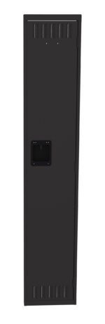 A tall, sleek black locker with a rectangular handle and ventilation slits at the top and bottom. The locker door is closed.