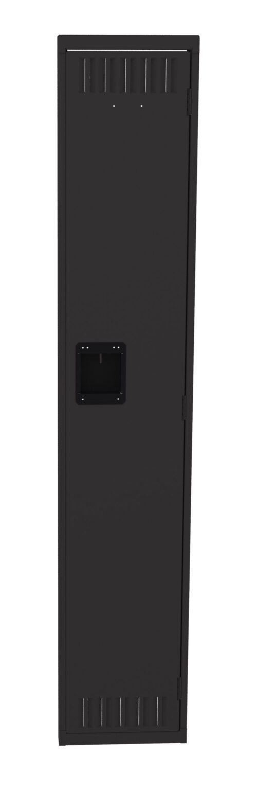 ixpvfwyiofnbznvijrfv.jpg A tall, sleek black locker with a rectangular handle and ventilation slits at the top and bottom. The locker door is closed.