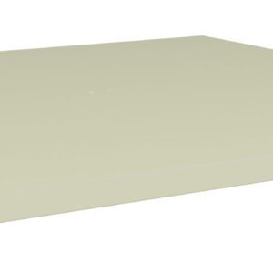 A beige, rectangular metal shelf with a flat surface and slightly raised edges, shown at an angle on a white background.