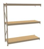 Metal shelving unit with three wooden shelves, supported by a vertical metal frame on the left. The frame has holes for adjustable shelving. The unit is against a plain white background.