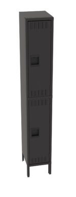 A grey metal locker with two doors stacked vertically, each featuring a rectangular handle and vent slits. The locker stands on four legs and has a sleek, industrial design.