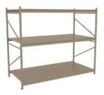 A beige metal shelving unit with three horizontal slatted shelves and vertical supports. The unit has cross-bracing on the back and sides for stability, intended for storage use.