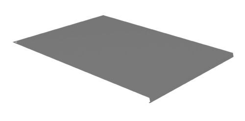 A flat, rectangular gray metal panel with slight folds on one edge, viewed at an angle on a white background. The panel has a minimalistic and industrial appearance.
