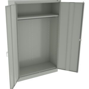 An open, empty metal cabinet with two doors, a single shelf at the top, and a spacious area below. The cabinet is plain and gray, suitable for storage in an office or industrial setting.