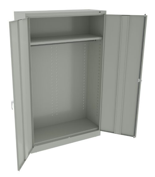 An open, empty metal cabinet with two doors, a single shelf at the top, and a spacious area below. The cabinet is plain and gray, suitable for storage in an office or industrial setting.