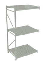 Metal storage rack with three spacious shelves. The unit is open on all sides, allowing easy access to items. The framework is simple and sturdy, suitable for organizing and storing various items in a garage or warehouse setting.