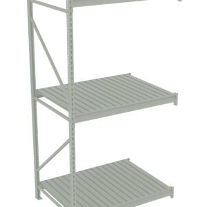 Metal storage rack with three spacious shelves. The unit is open on all sides, allowing easy access to items. The framework is simple and sturdy, suitable for organizing and storing various items in a garage or warehouse setting.
