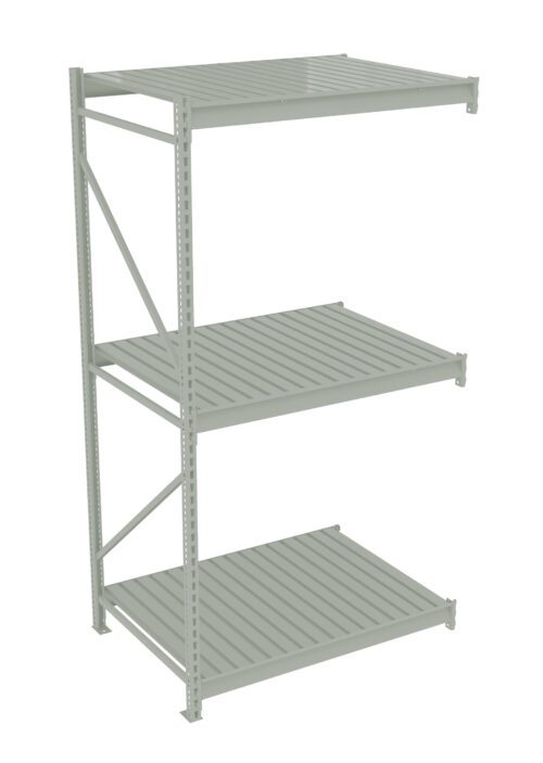 izpbheo6olixvrlvbybi.jpg Metal storage rack with three spacious shelves. The unit is open on all sides, allowing easy access to items. The framework is simple and sturdy, suitable for organizing and storing various items in a garage or warehouse setting.