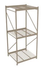 A beige metal storage rack with three wire shelves and a solid top. It features a sturdy frame with diagonal and horizontal supports, designed for industrial or warehouse use. The rack is empty and stands against a plain white background.