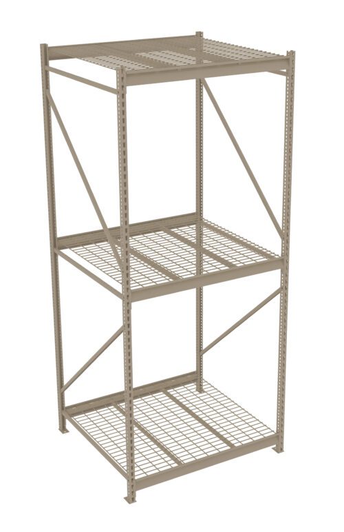 A beige metal storage rack with three wire shelves and a solid top. It features a sturdy frame with diagonal and horizontal supports, designed for industrial or warehouse use. The rack is empty and stands against a plain white background.